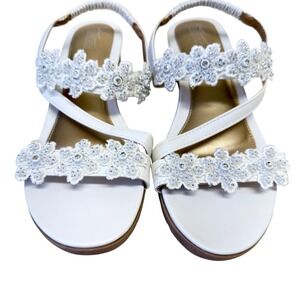 Shibever White Floral Lace Rhinestone Wedge Sandals Elastic Slingback Womens 41